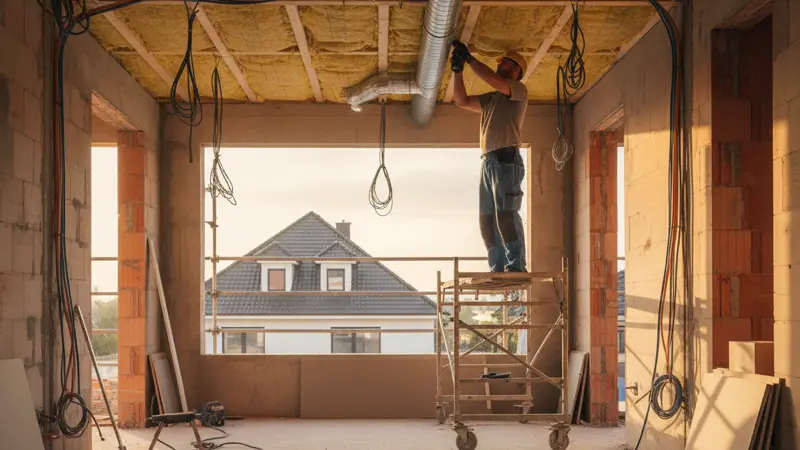 Handwerker installiert Lüftungsrohre an der Decke eines deutschen Hauses