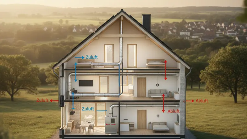 Querschnitt eines Einfamilienhauses mit Lüftungssystem und Wärmepumpe