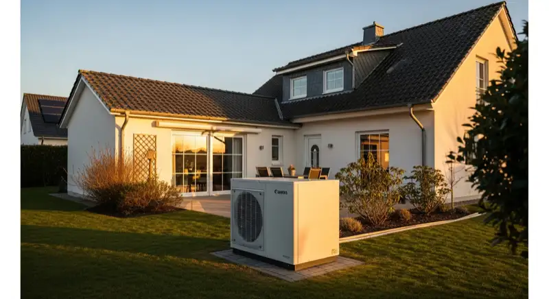 Einfamilienhaus mit moderner Luft-Wasser-Wärmepumpe im Vorgarten