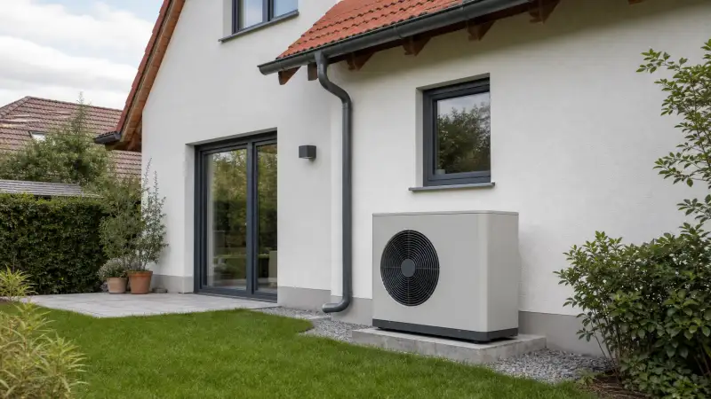 Unbeschriftetes Luft-Wasser-Wärmepumpen-Außengerät auf einem Fundament am deutschen Einfamilienhaus
