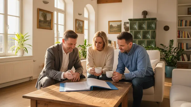 Energieberater erklärt einem Paar im Wohnzimmer die Vertragsunterlagen für eine Solaranlage