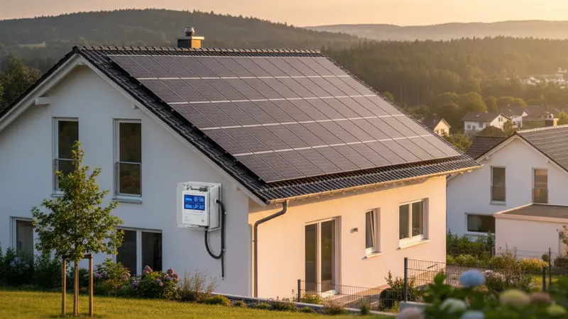 Solaranlage auf einem deutschen Einfamilienhaus mit digitalem Einspeisezaehler