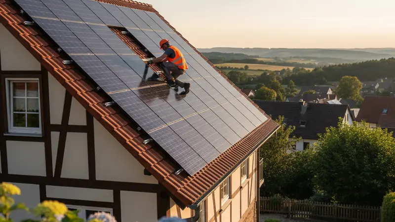 Solartechniker installiert Photovoltaikmodule auf einem deutschen Einfamilienhaus
