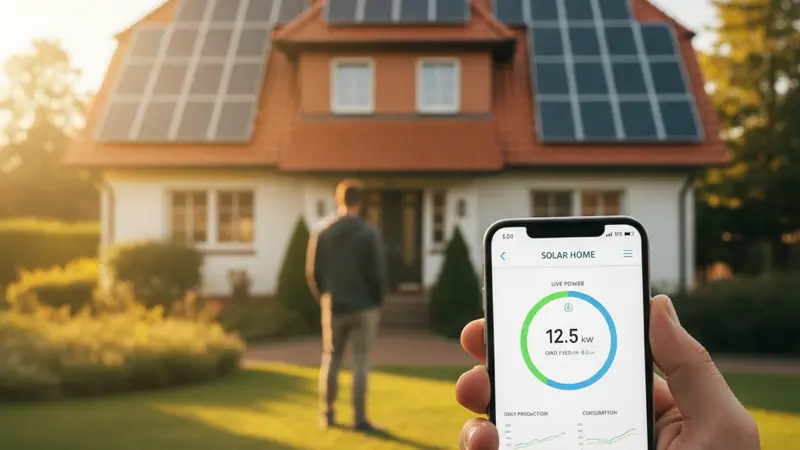 Smartphone mit Solar-Monitoring-App zeigt Echtzeit-Stromerzeugung und Netzeinspeisung