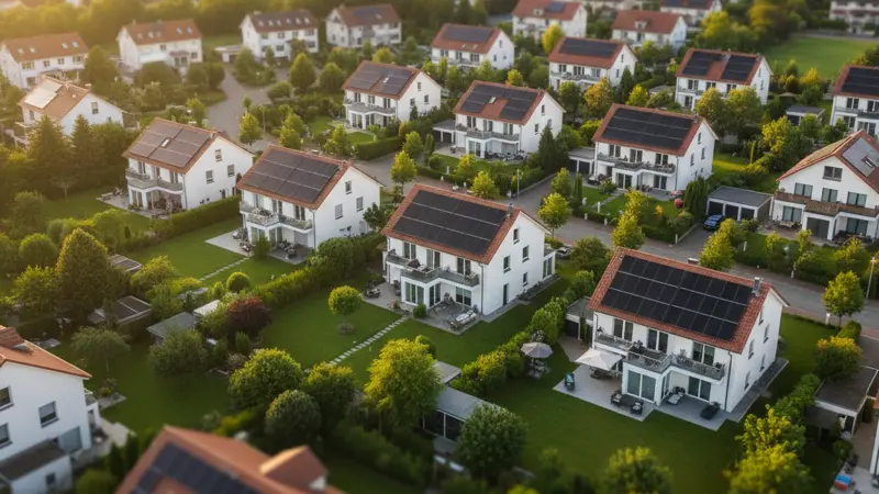 Luftaufnahme einer modernen deutschen Wohnsiedlung mit Solaranlagen auf vielen Dächern
