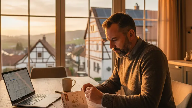 Hausbesitzer prueft Solaranlagen-Abrechnung und Einspeisevergütung am Küchentisch