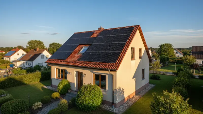 Moderne Solaranlage mit schwarzen Modulen auf dem Ziegeldach eines deutschen Einfamilienhauses
