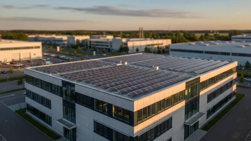 Große Photovoltaikanlage auf dem Flachdach eines deutschen Gewerbegebäudes