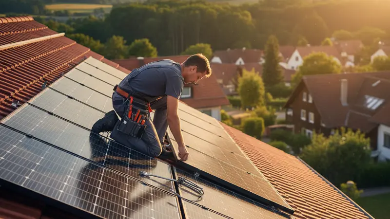 Handwerker installiert Solarmodule auf einem deutschen Hausdach