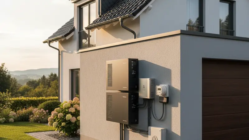Batteriespeicher und Wechselrichter an einer Garagenwand