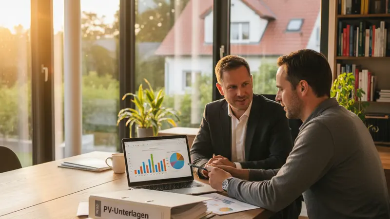 Steuerberater beraet Hauseigentümer mit PV-Unterlagen am Schreibtisch