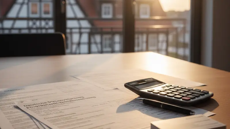Steuererklärung und PV-Rechnung auf einem Schreibtisch mit Taschenrechner