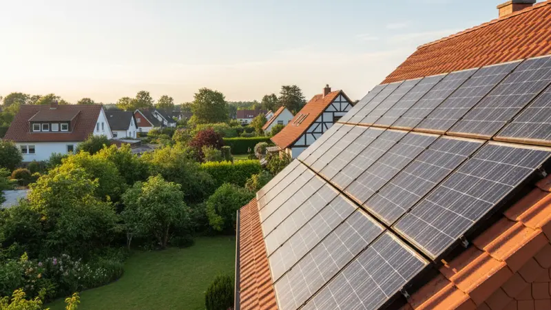 Ältere Photovoltaikanlage auf einem deutschen Einfamilienhaus mit Ziegeldach