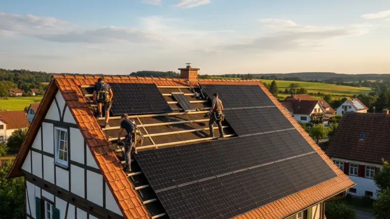 Handwerker installieren neue Solarmodule auf einem Hausdach beim Repowering