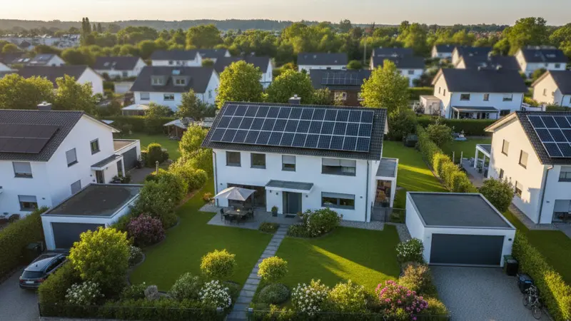 Luftaufnahme Einfamilienhaus mit Solaranlage auf dem Dach
