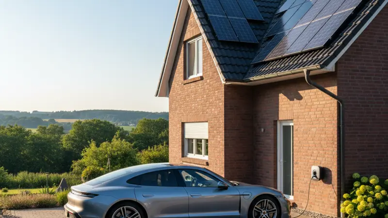 Elektroauto wird an Wallbox mit Solarstrom geladen