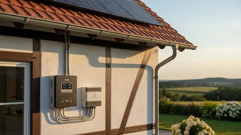 Wechselrichter-Display zeigt Solarertrag und Einspeisung