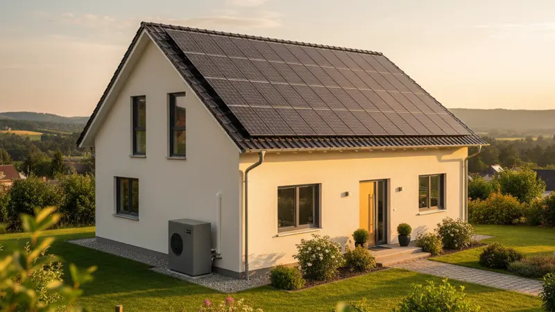 Wärmepumpe neben Einfamilienhaus mit Solaranlage auf dem Dach
