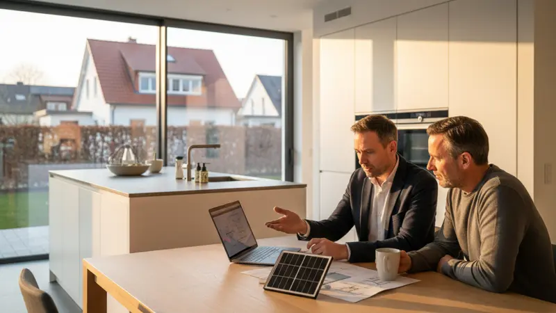 Energieberater erklärt einem Hauseigentümer die Funktionsweise bifazialer Module