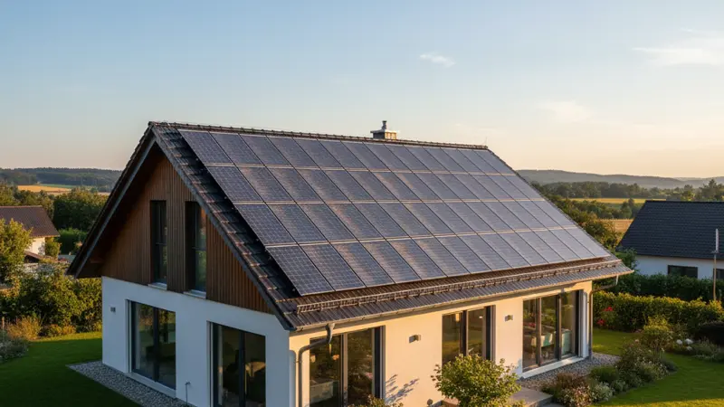 Bifaziale Solarmodule auf einem modernen deutschen Einfamilienhaus-Dach mit transparenter Rückseite