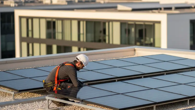 Techniker prüft bifaziale Solarmodule auf einem Flachdach mit Aufständerung