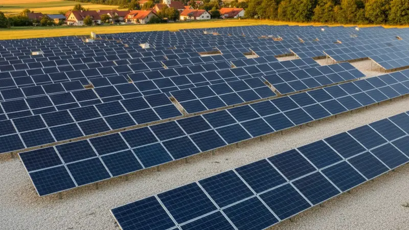 Freiflächenanlage mit bifazialen Solarmodulen auf weißem Kiesbett in deutscher Landschaft