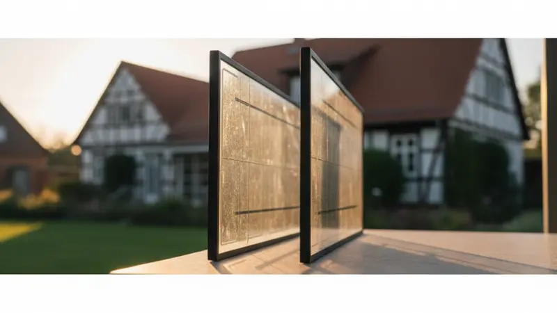 Nahaufnahme eines bifazialen Glas-Glas Solarmoduls von der Seite mit transparenter Rückseite