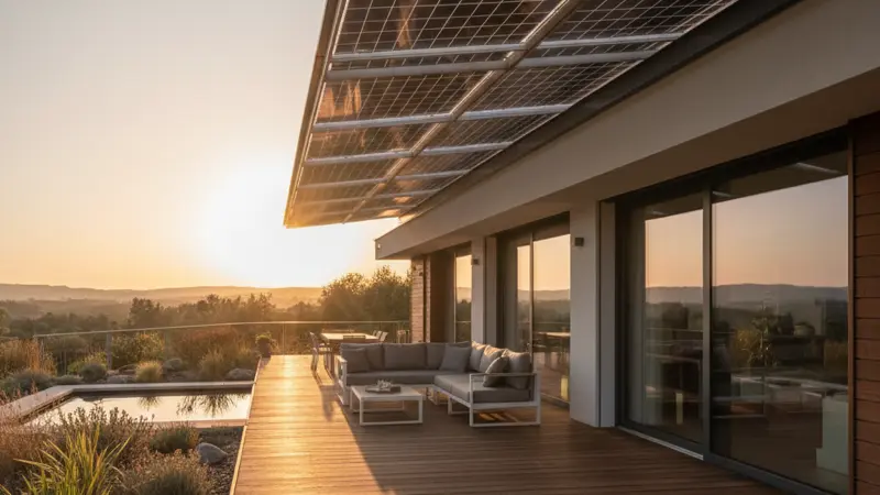 Bifaziale Solarmodule als Terrassenüberdachung mit Lichtdurchlass