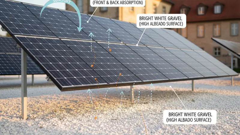 Darstellung des Albedo-Effekts bei bifazialen Solarmodulen mit Lichtreflexion vom hellen Untergrund