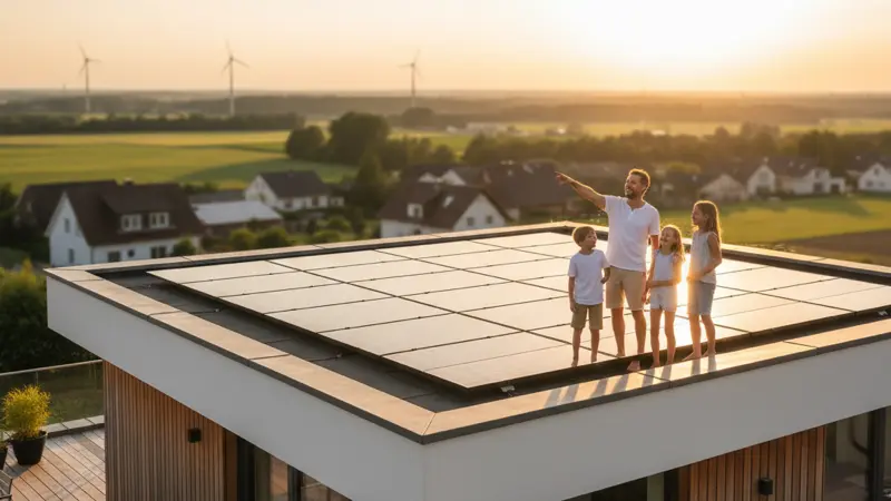 Deutsche Familie auf Terrasse eines modernen Hauses blickt auf ihre Solaranlage auf dem Dach