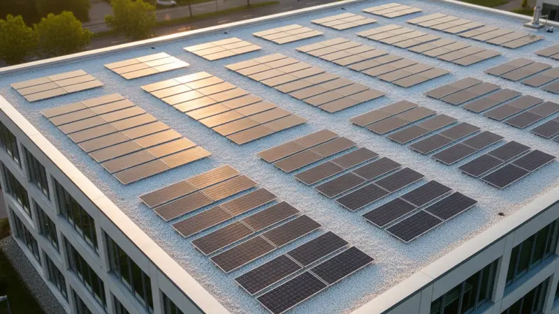 Bifaziale Solarmodule auf einem Flachdach mit weißer Kiesschüttung als reflektierender Untergrund