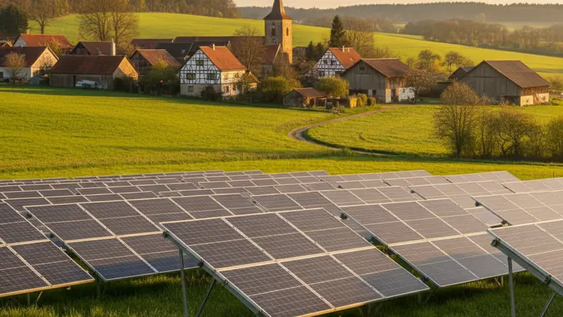 Große Freiflächenanlage mit bifazialen Solarmodulen auf erhöhten Montagsgestellen über grüner Wiese