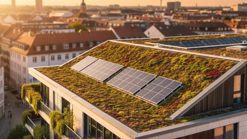 Gründach mit Sedum-Begrünung und bifazialen Solarmodulen auf Metallgestellen
