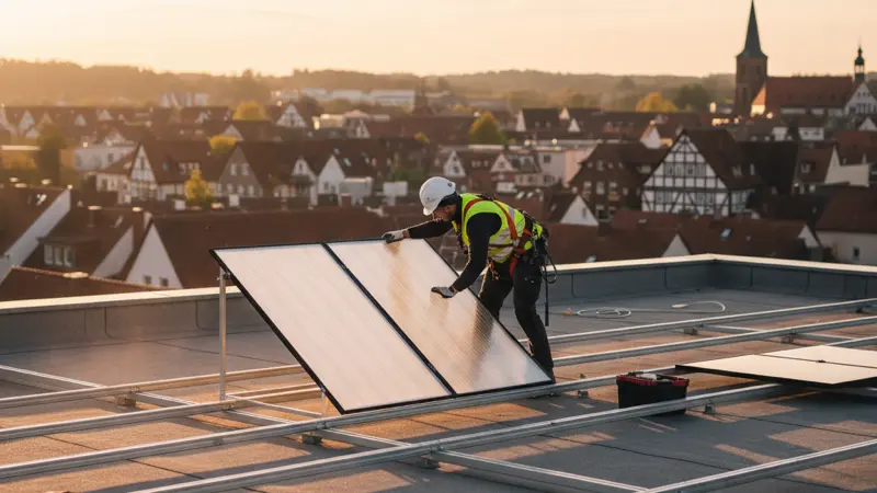 Monteur installiert bifaziales Solarmodul auf Metallgestell auf einem Flachdach