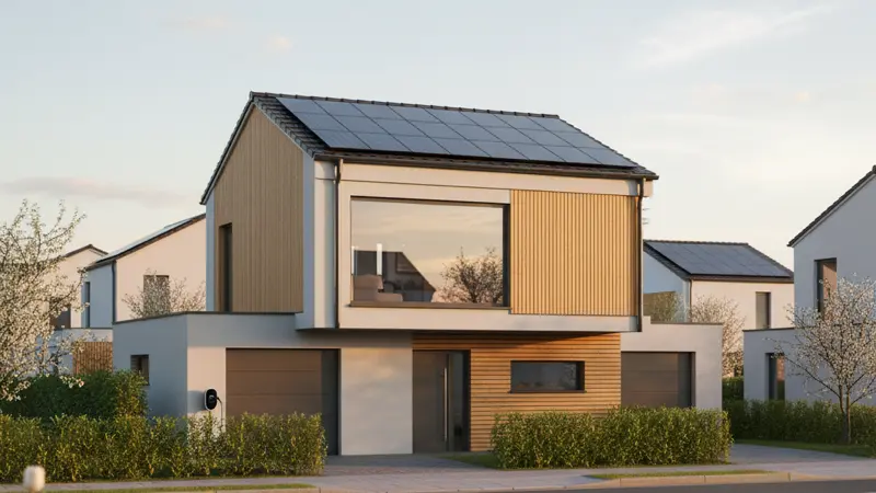 Modernes deutsches Einfamilienhaus mit Photovoltaikanlage auf dem Dach bei Sonnenschein