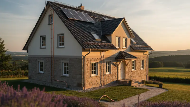 Deutsches Wohnhaus mit Solarmodulen und äußerem Blitzschutzsystem mit Fangstangen und Ableitungen