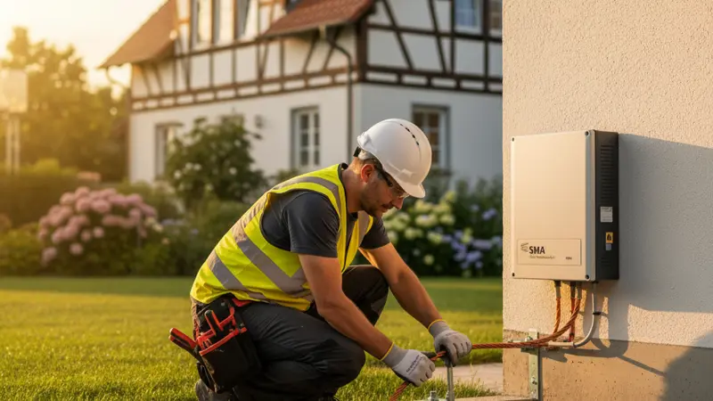 Elektriker installiert Erdungskabel an der Fundamenterdung neben einem Solar-Wechselrichter