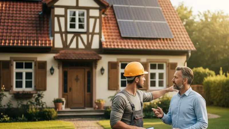 Elektriker berät Hauseigentümer vor dem Haus und zeigt auf Solarmodule auf dem Dach