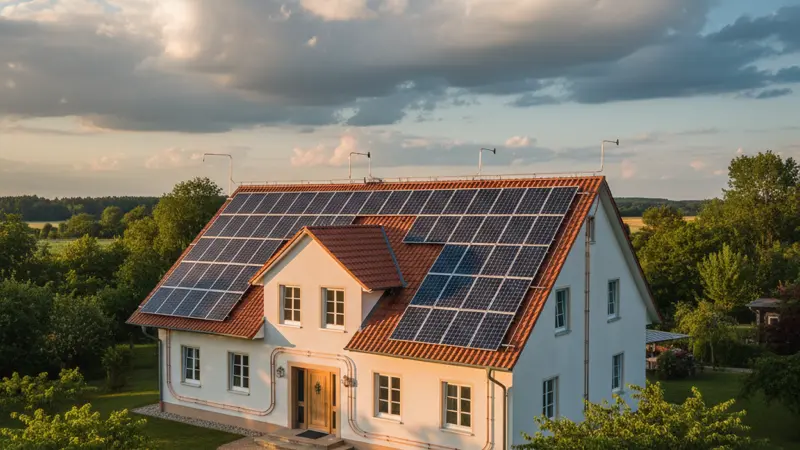 Solaranlage auf einem deutschen Einfamilienhaus mit professionellem Blitzschutzsystem und Fangstangen