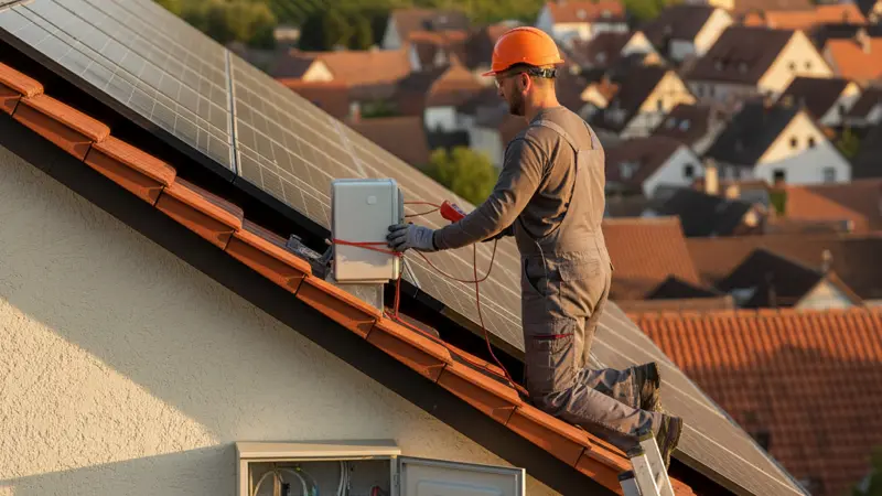 Elektriker installiert Überspannungsschutzgeräte am Wechselrichter einer Solaranlage