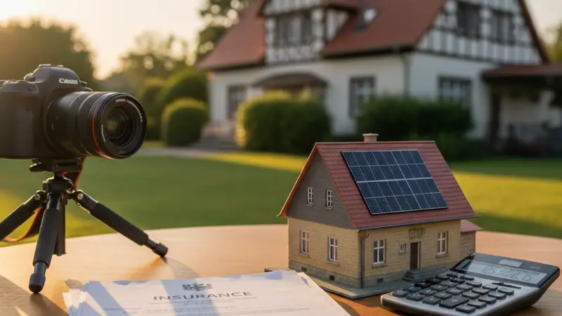 Versicherungsdokumente und Hausmodell mit Solaranlage auf einem Schreibtisch