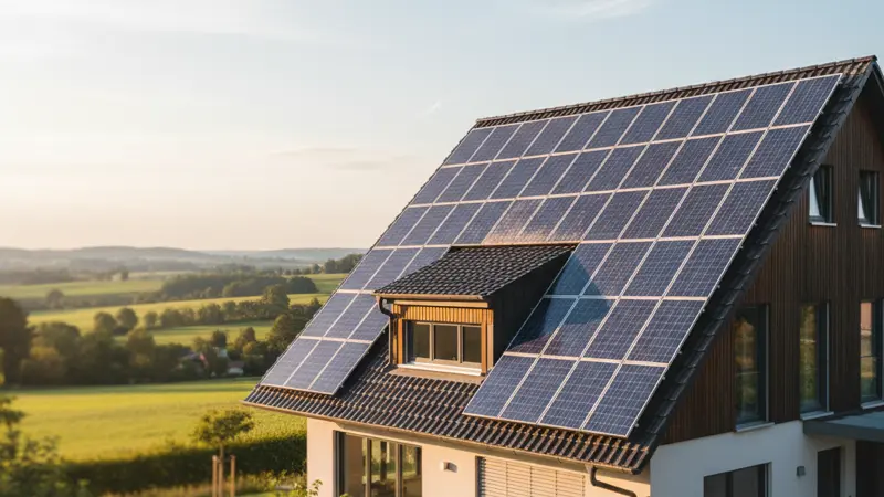 Solarmodule auf einem deutschen Hausdach mit leichten Alterungserscheinungen