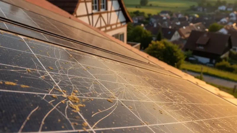 Nahaufnahme eines gealterten Solarmoduls mit sichtbaren Veränderungen der Oberfläche