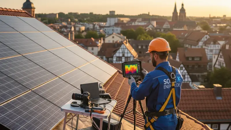 Solartechniker prüft Photovoltaikmodule mit einer Wärmebildkamera auf dem Dach