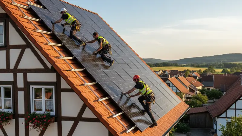 Professionelle Installation von Solarmodulen mit hochwertigem Montagesystem auf einem deutschen Hausdach