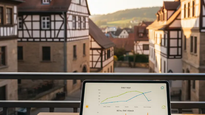 Solar-Monitoring-Dashboard auf einem Tablet mit Leistungsdaten und Grafiken