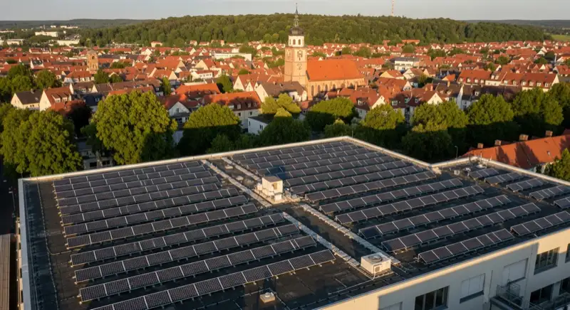 Gewerbedach mit Photovoltaikanlage vor einer deutschen Stadt