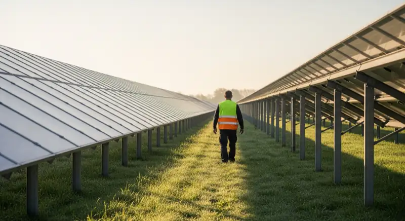 Techniker geht zwischen Modulreihen eines Solarparks zur Inspektion