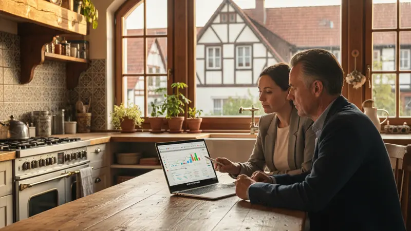 Energieberater bespricht Solardaten auf einem Laptop mit einem Hausbesitzer am Küchentisch