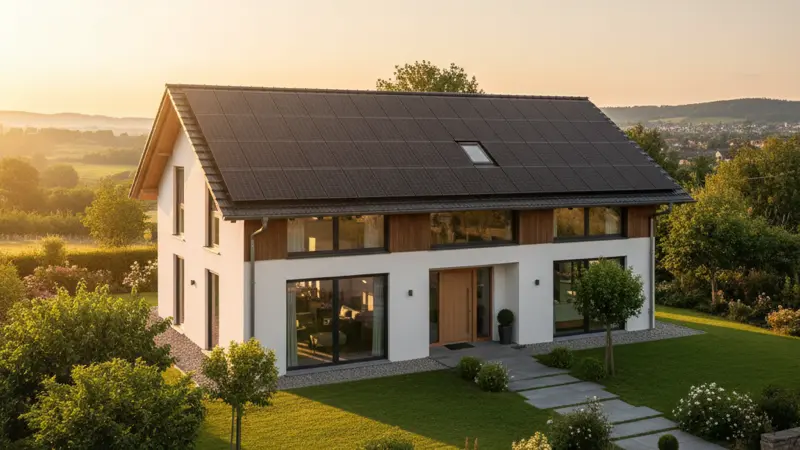 Deutsches Einfamilienhaus mit großer Solaranlage auf dem Satteldach bei strahlendem Sonnenschein